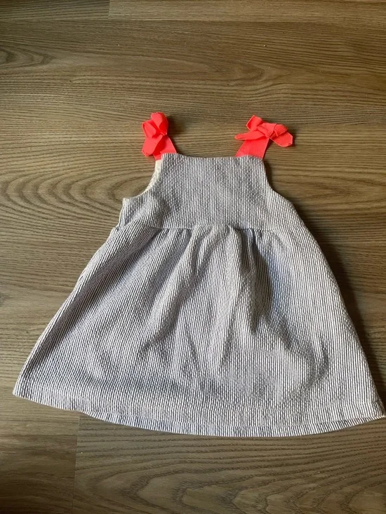 Girls Seersucker Stripe Dress with Coral Bow Straps - Picture 11 of 13
